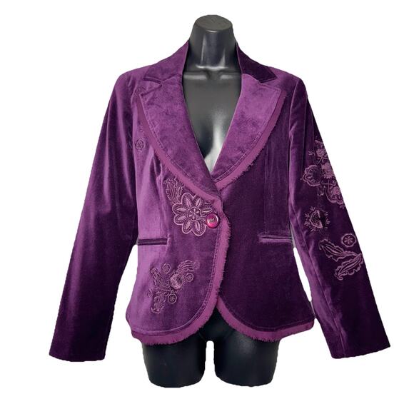 NWOT Focus 2000 Size 6 Purple Velvet Blazer Jacket Embroider Lash Fringe Pocket - Picture 2 of 10